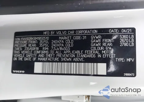 2021 Volvo Xc60 T5 Momentum из США, поврежденный, VIN YV4102RK6M1850510